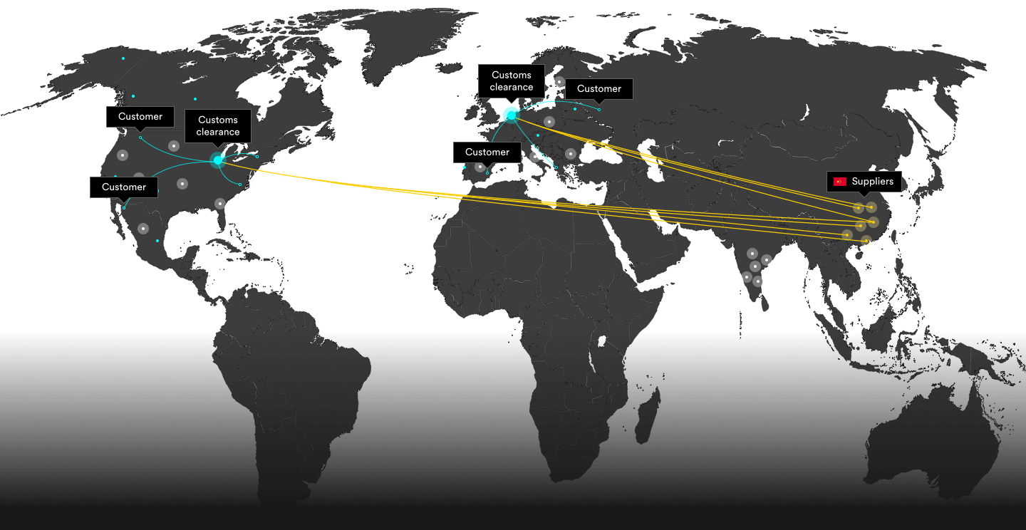 世界地图，用点表示我们有供应商的地区，用线表示我们的分销网络